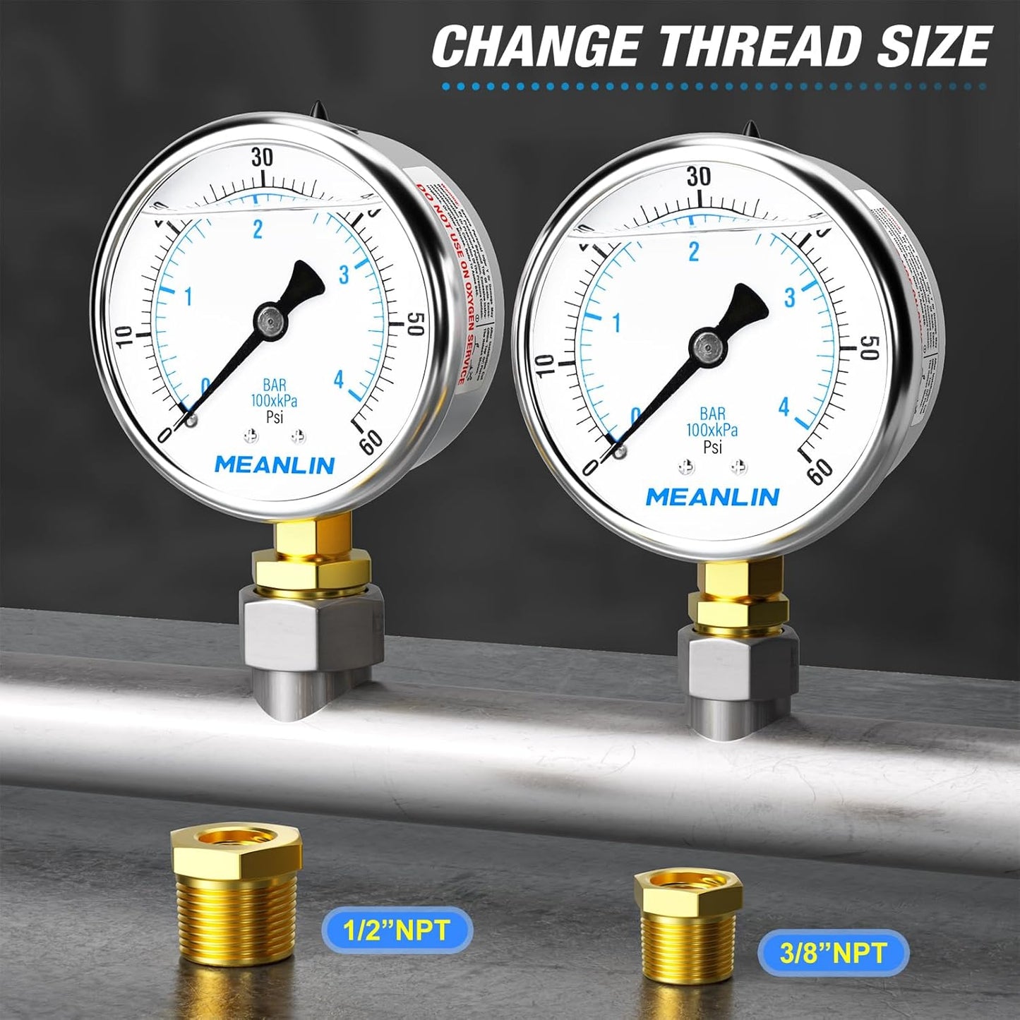 MEANLIN MEASURE 0~60Psi Stainless Steel 1/4" NPT 2.5" FACE DIAL,Liquid Filled Pressure Gauge,Pool Sand Filter Pressure Test Lower Mount(Pack of 2) with 1/4" x 1/2" NPT and 1/4" x 3/8" NPT Hex Bushing