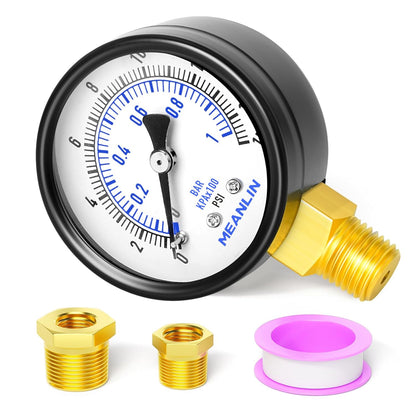 MEANLIN MEASURE 0-15Psi 2" DIAL FACE 1/4" NPT Well Pump Pressure Gauge, with 1/2" NPT and 3/8" NPT Hex Bushing, 3-2-3% Accuracy, Lower Mount