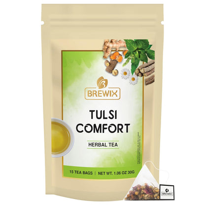 BREWIX Holy Basil Tea Bags (15 Pyramid Tea Bags) | Tee With Tulsi Leaves and Chamomile | Caffeine Free, Calming Herbal Tea With Fresh and Cool Flavor
