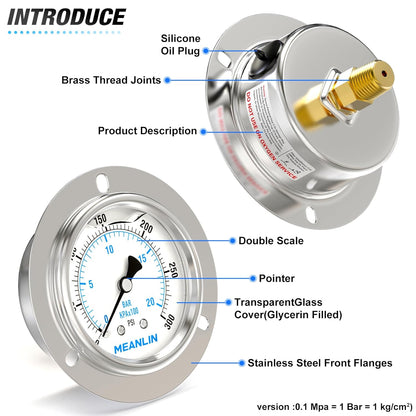 MEANLIN MEASURE 0~300Psi Liquid Filled Pressure Gauge Front Flange Panel Mount, 1/4" NPT 2.5" FACE DIAL Stainless Steel Case with Phillips Screw and Nut, +/-3-2-3%