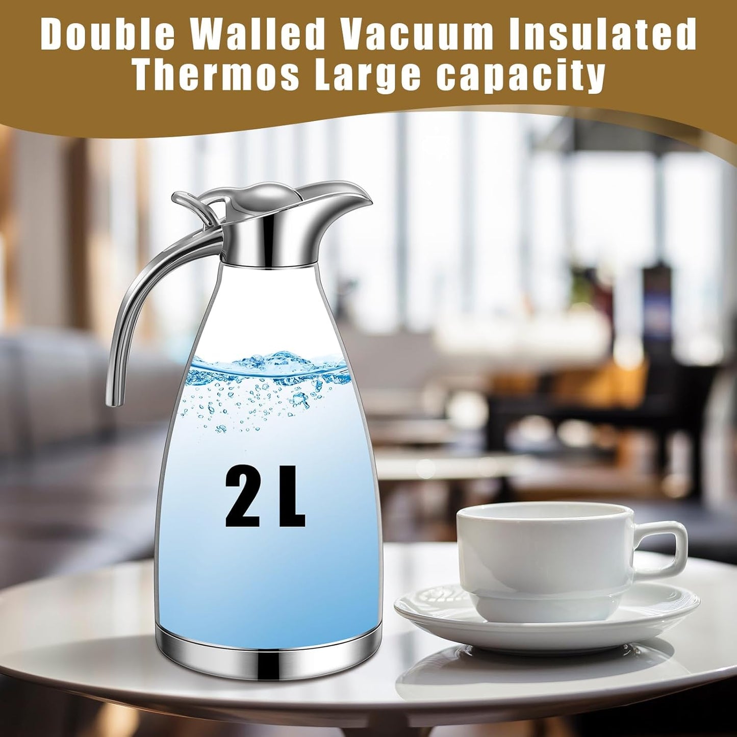 Uiifan 2 Pcs 68 oz Thermal Coffee Carafe Insulated Stainless Steel Coffee Carafe for Hot Liquids Vacuum Thermal Pot Creamer Dispenser with Brushes Keeping Hot Tea Milk Water(Silver)