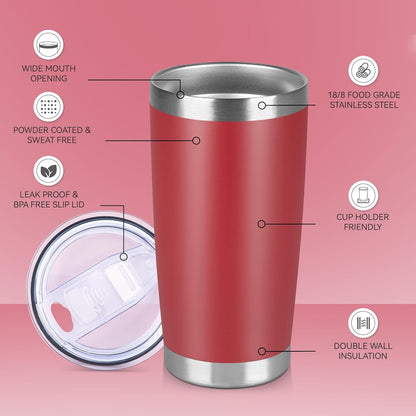 20 oz Tumbler Stainless Steel Tumblers Bulk with Lid Double Wall Insulated Coffee Tumbler Cups for Hot & Cold Drinks Powder Coated Travel Coffee Tumbler Mug Metal (Red, 6 pack)