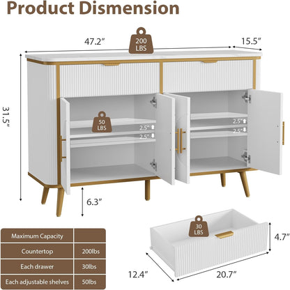 47.2" Buffet Storage Cabinet, Modern Fluted Coffee Bar Station with 2 Drawers & Adjustable Shelves, Kitchen Sideboard Buffet for Dining Room, Living Room, Hallway, White