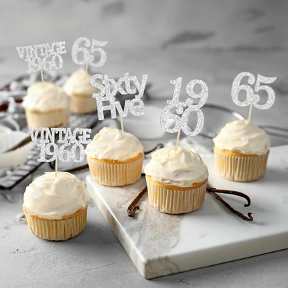 Gyufise 24Pcs 65th Birthday Cupcake Toppers Glitter Cheers to 65 Fabulous Sixty Five Vintage 1960 Cupcake Picks 65th Birthday Wedding Anniversary Party Cake Decorations Supplies Silver