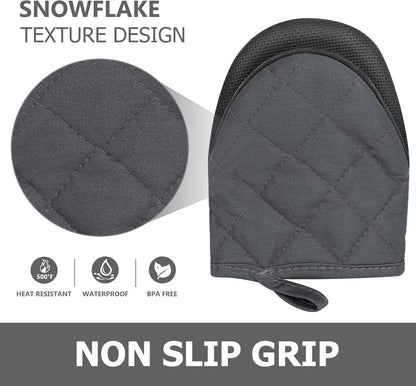 1 Pair Short Oven Mitts - Silicone Kitchen Oven Gloves High Heat Resistant 500℉, Mini Oven Mits with Non-Slip Grip Surfaces and Hanging Loop for BBQ, Baking, Cooking and Grilling (Solid Gray)