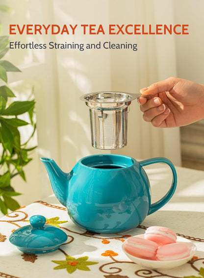 Sweese Teapot, Porcelain Tea Pot with Stainless Steel Infuser, Blooming & Loose Leaf Teapot - 27ounce, Steel Blue