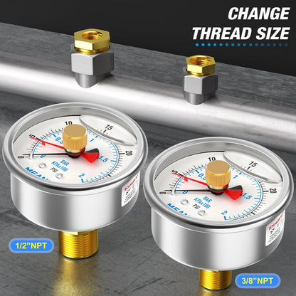 MEANLIN MEASURE 0~30Psi Stainless Steel 1/4" NPT 2.5" FACE DIAL with Reset Pointer Liquid Filled Pressure Gauge WOG Water Oil Air, Back Mount, with Brass Hex Bushing