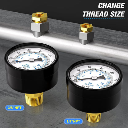 MEANLIN MEASURE 0-160Psi 2" DIAL FACE 1/8" NPT Well Pump Pressure Gauge, with 1/4" NPT and 3/8" NPT Hex Bushing, 3-2-3% Accuracy, Center Back Mount