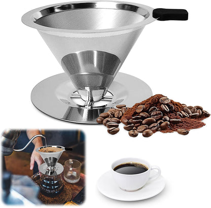 Pour Over Coffee Dripper-Stainless Steel Coffee Filter,Reusable Drip Cone Coffee Filter Portable Pour for 1-4 Cup (With Base, S)