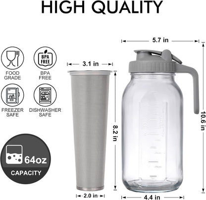 Cold Brew Mason Jar iced Coffee Maker, Durable Glass, - 64 oz (2 Quart / 1.9 Liter), With Handle& Stainless Steel Filter for Iced Brew Coffee, Lemonade, Ice Tea, Homemade Fruit Drinks Container