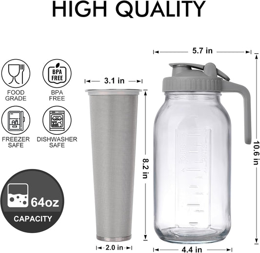 Cold Brew Mason Jar iced Coffee Maker, Durable Glass, - 64 oz (2 Quart / 1.9 Liter), With Handle& Stainless Steel Filter for Iced Brew Coffee, Lemonade, Ice Tea, Homemade Fruit Drinks Container