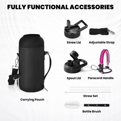 Insulated Water Bottle 32 oz, Triple Wall Vacuum Stainless Steel (Cold for 48 Hrs), Leak Proof & Non-BPA, Modern Water Flask Jug with Paracord Handle & Straw Spout Lids, Ombre Pink