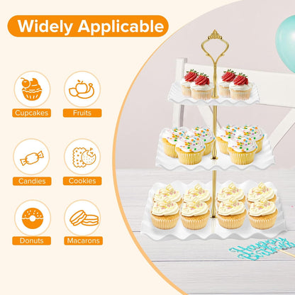 Hoedia 3 Tier Cupcake Stand Tower, Plastic White Cup Cake Holder for Dessert stands, Tiered Serving Tray for Tea Party, Birthday Party, Wedding Decor and Baby Shower(Square Wave)