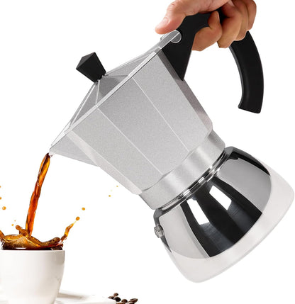 No Coating 6 Cup Aluminum and Stainless Steel Moka Pot Stovetop Espresso Maker Italian Coffee Machine 350ml 11.84oz Suitable for Gas Induction Stovetop Greca Coffee Maker Percolator Silver