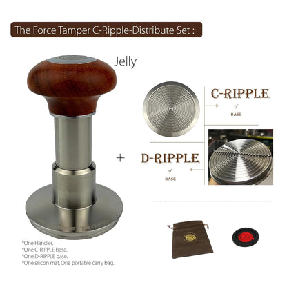 The Force Tamper Automatic Impact Adjustable Constant Pressure and Autoleveling Coffee Tamper Reddish Brown Jellyfish Wooden Handle Set Pro (C-Ripple Distribute Set, 58.35mm)