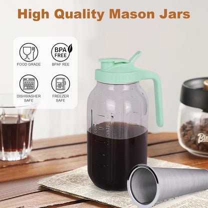 Cold Brew Coffee Maker，64 oz Wide Mouth Mason Jar Pitcher with Stainless Steel Filter, Pour Spout Handle Lid, Heavy Duty Glass Airtight & Leak-Proof Pitcher for iced coffee & Tea Lemonade-Green