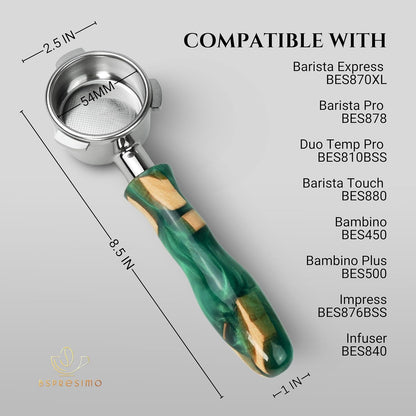54mm Bottomless Portafilter Modern Handle – Includes Stainless Steel Naked Basket – Fits Breville Barista Express & 54mm Breville Espresso Machines - Espresso Machine Accessories – Green