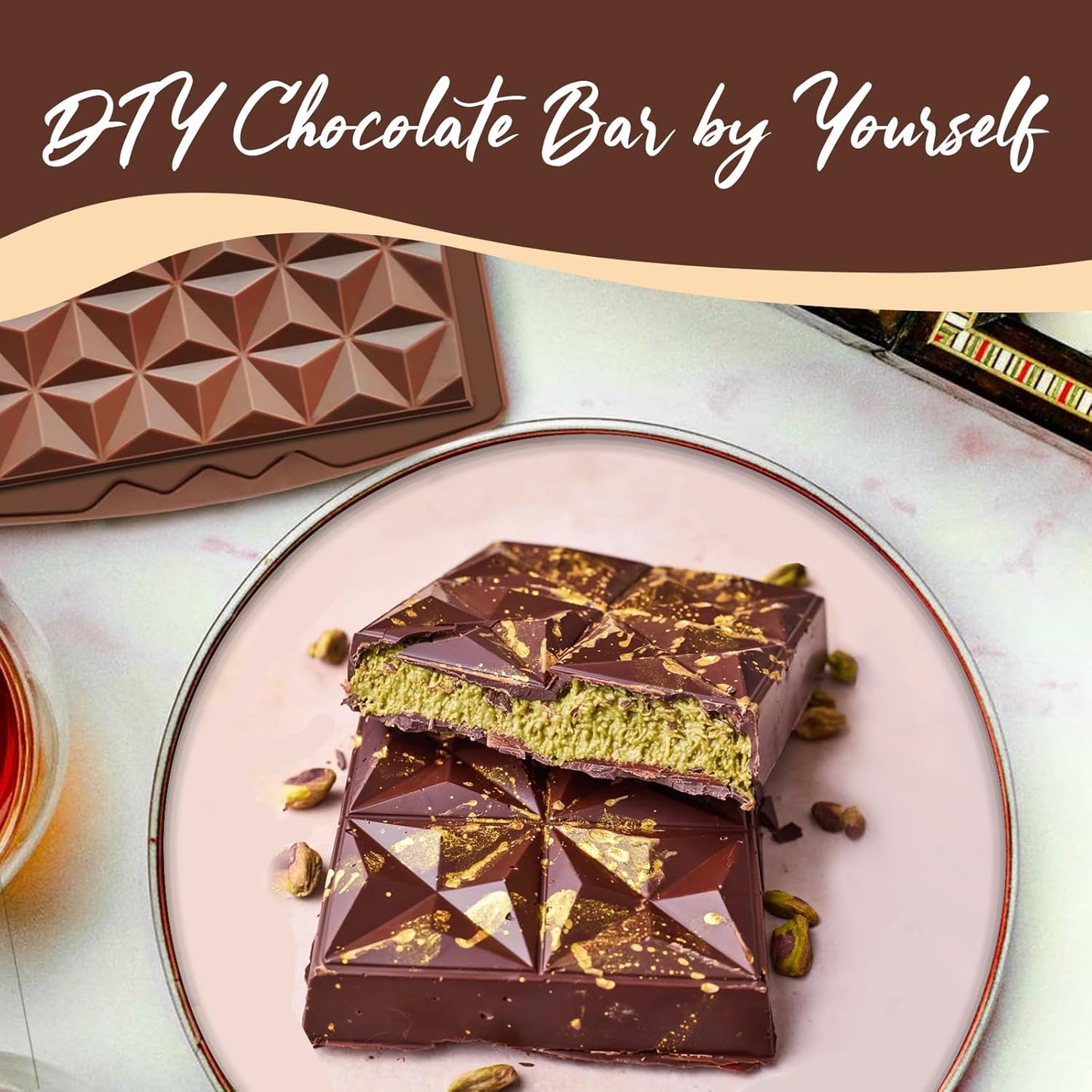 HKNMTT Chocolate Bar Mold Silicone, Large Stuffed Dubai Pistachio Deep Bar Moulds Kit 0.85 Inch Thick Big, Ideal for Homemade Making Candy Bar Bpa Free DIY Diamond Grid 2PCS