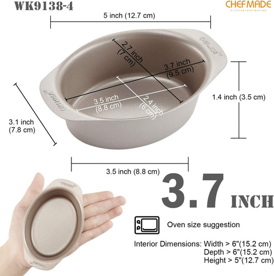 CHEFMADE Mini Cheese Cake Pan Set, 3.7-Inch 4Pcs Non-Stick Oval Cake and Loaf Bakeware for Oven and Instant Pot Baking (Champagne Gold)