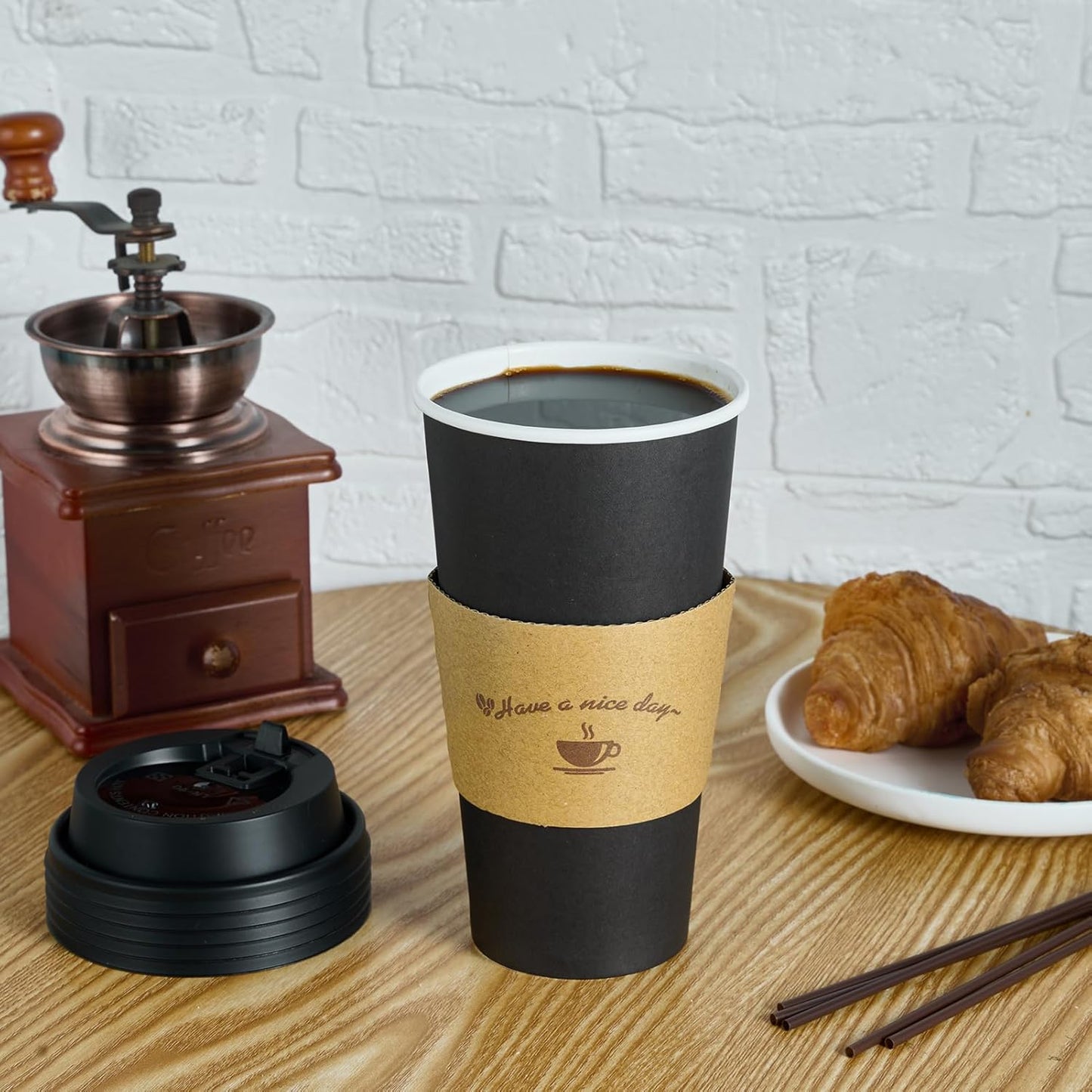 LITOPAK 50 Pack 20 oz Paper Coffee Cups for Hot Chocolate Drinks, Black Disposable Coffee Cups with Lids, Sleeves and Stirring Sticks for Parties, Picnic, Travel, and Events