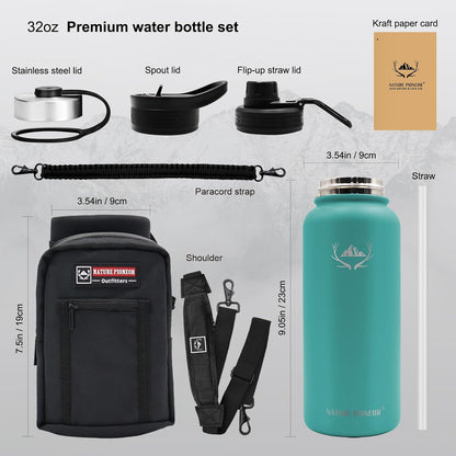 NATURE PIONEOR Insulated Water Bottles with Carrier Holder Sleeve - 32 ounce Stainless Steel Water Bottle with 3 Lids,straw,Keeps Hot and Cold