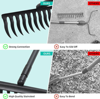 Bow Rake for Soil Leveling 60 Inch Heavy Duty Garden Tool with 12 Tines Adjustable Long Handle Thatch Rake for Gardening Loosening Soil Leveling Mulch Gathering Leaves, Black