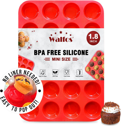 Walfos Mini Silicone Muffin Pan - 24 Cups, BPA Free and Dishwasher Safe, Non-stick Silicone Cupcake Baking Pan, Great for Making Muffin Cakes, Tart, Bread