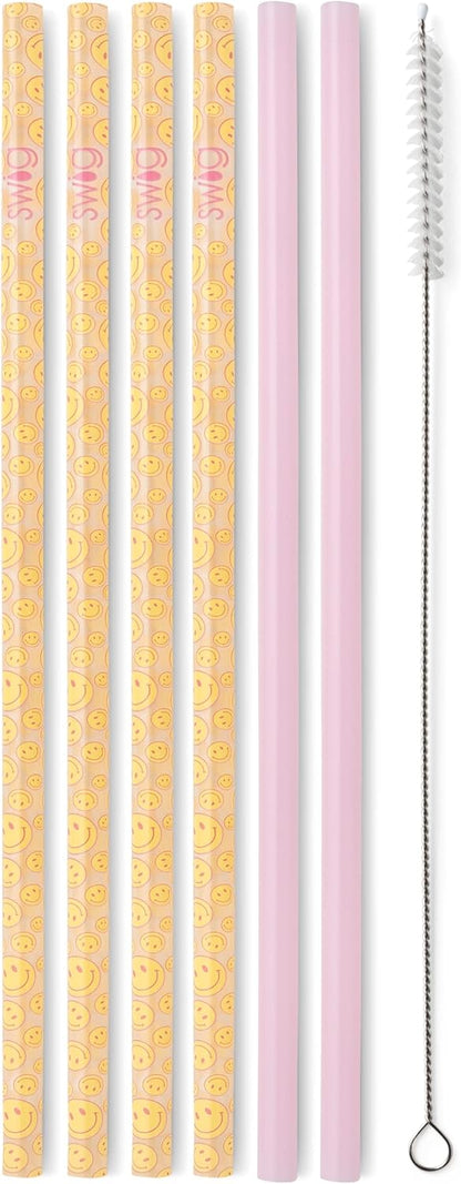 Swig Life Reusable Straws Oh Happy Day + Pink Tall Straw Set & Cleaning Brush, Each Straw is 10.25 inch Long (Fits Swig Life 20oz Tumblers, 22oz, and 32oz Tumblers)
