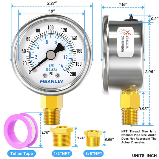 MEANLIN MEASURE 0~200Psi Dry Pressure Gauge Stainless Steel 1/4" NPT 2" FACE DIAL Waterproof for Air Compressor Air Regulator Water Filter Lower Mount, with 1/2" NPT and 3/8" NPT Hex Bushing