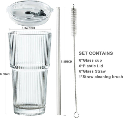 20oz Ribbed Drinking Glasses with Lids and Glass Straws-Thickened Glass cup -Vintage glass straw cups- Ideal for Iced Coffees, Cocktails, Juices, Family Use and Parties (6)