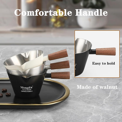 Mongdio 2 Pcs Espresso Measuring Cup, Stainless Steel Espresso Shot Cups with Wooden Handle and Double Spouts, 6.8OZ/200ML, Black