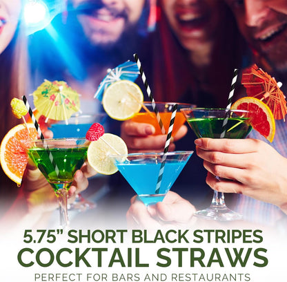 [500 Counts] Chunspak 5.75 inch Eco-friendly Disposable Short Paper Drinking Straws Bulk for Cocktail, Mixed Drinks - Black White Striped