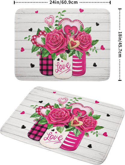 Valentine's Day Rose Flower Dish Drying Mat for Kitchen Counter,Mason Jar Pink Love Heart Drying Mat 18 x 24 Inch with High Absorbent Microfiber Drainer Mat for Coffee Bar