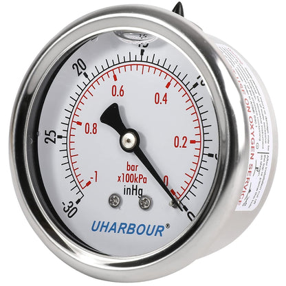 Glycerin Filled Vacuum Pressure Gauge, 2-1/2" Clear dial,1/4" NPT Back Connection, Stainless Steel Case, Brass Movement, Dual Scales -30inHg/-1BAR-0