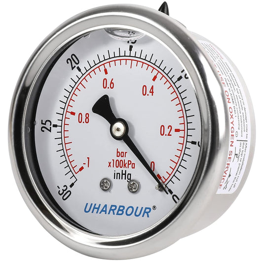 Glycerin Filled Vacuum Pressure Gauge, 2-1/2" Clear dial,1/4" NPT Back Connection, Stainless Steel Case, Brass Movement, Dual Scales -30inHg/-1BAR-0