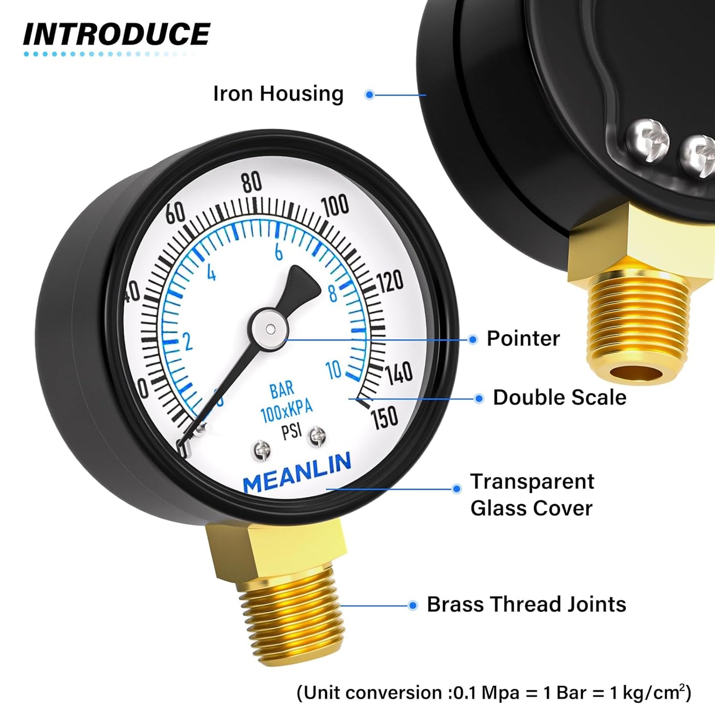 MEANLIN MEASURE 0-150Psi 2" DIAL FACE 1/4" NPT Well Pump Pressure Gauge, with 1/2" NPT and 3/8" NPT Hex Bushing, 3-2-3% Accuracy, Lower Mount