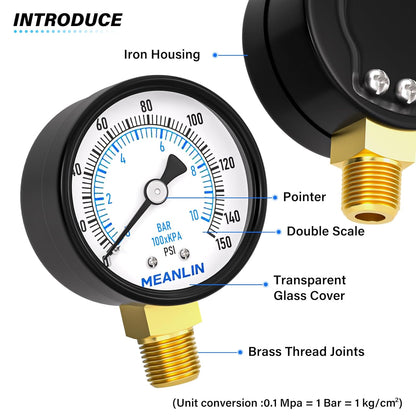 MEANLIN MEASURE 0-150Psi 2" DIAL FACE 1/4" NPT Well Pump Pressure Gauge, with 1/2" NPT and 3/8" NPT Hex Bushing, 3-2-3% Accuracy, Lower Mount