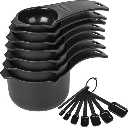Measuring Cups and Spoons Set 15, 7 Plastic Measuring Cup Spoon Set, 7 Spice Long Handle Measuring Spoons with 1 Leveler for Kitchen and Baking, Dry Metric Measure Cups & Spoons Black
