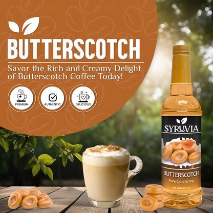 Syruvia Butterscotch Coffee Syrup - 25.4 fl oz. Kosher and Gluten-Free. Perfect for Enhancing Drinks, Sodas, Shakes, Desserts, and More.