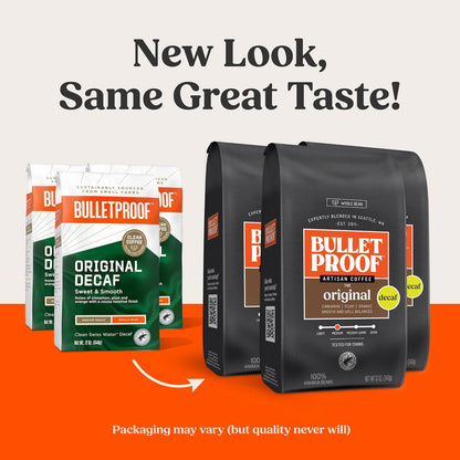 Bulletproof Original Medium Roast Whole Bean Decaf Coffee, 12 Ounces (Pack of 3), 100% Arabica Coffee Sourced from Central and South America