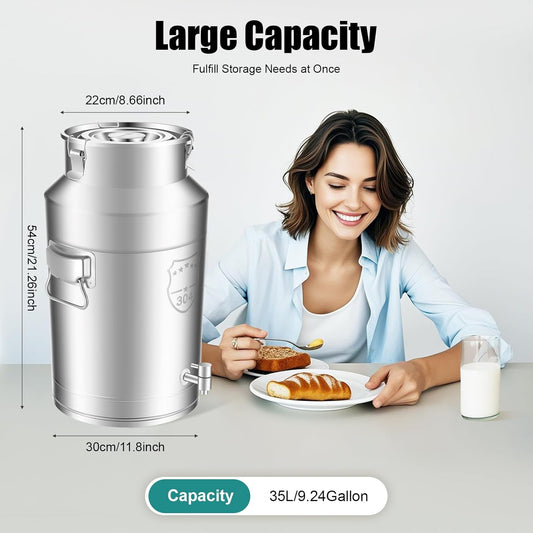 304 Stainless Steel Milk Bucket with Faucet,Milk Buckets with Lid Can Large Liquid Container Storage,Sealing Lid and Carry Handle, Airtight Design(35L/9.24 Gal,w/Faucet)
