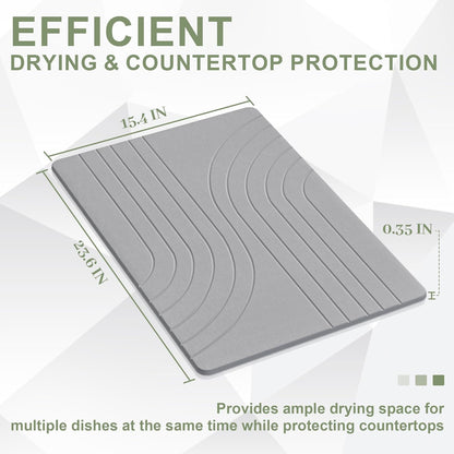 Large Stone Drying Mat for Kitchen Counter, 24" × 16" Diatomite Dish Drying Mat, Quick Dry Stone Mats, Ultra Absorbent Natural Diatomaceous Earth Mats for Dished, Bottles, Dark Grey