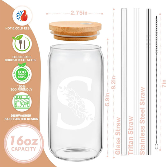 Personalized Gifts for Women, Monogrammed Glass Cups with Lids and Straws, Custom Tumbler, Cute Customized Mug, Aesthetic Stuff, Initial Iced Coffee Cup, Drinking Glasses, Birthday Teacher Gifts, V