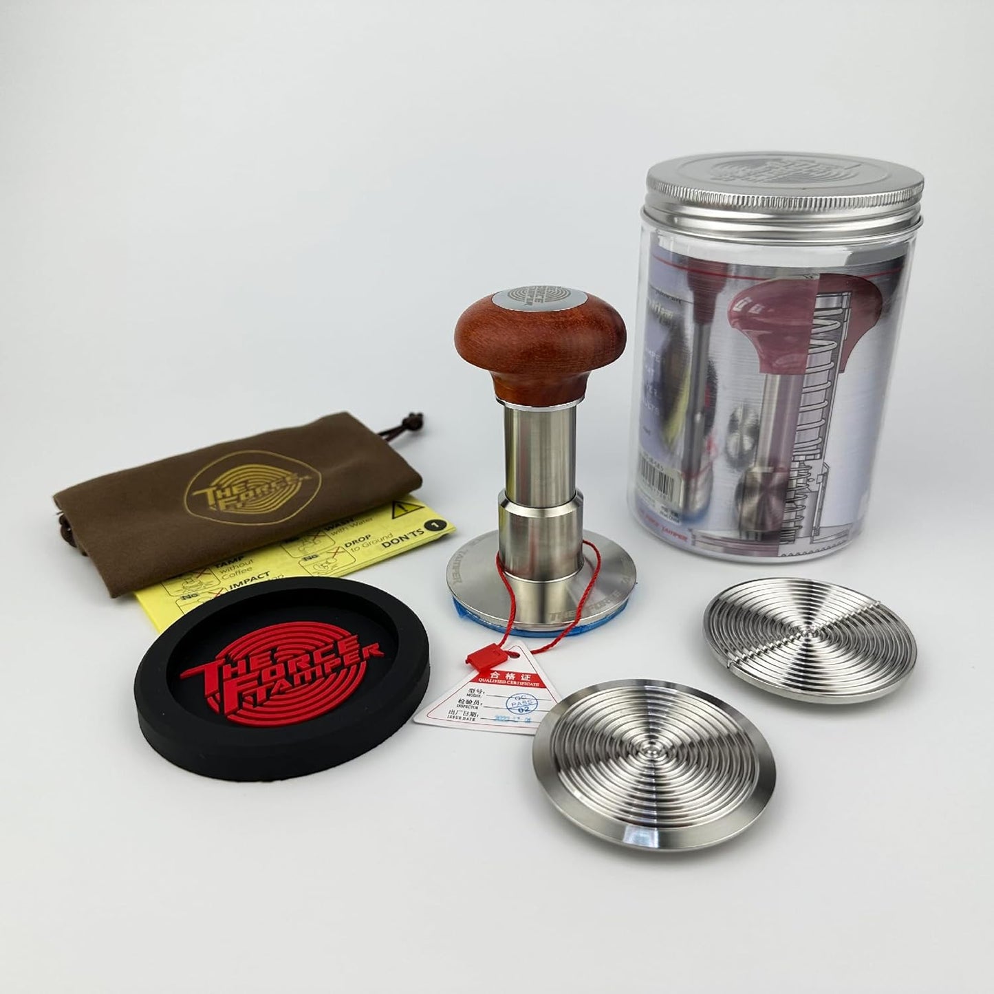 The Force Tamper Automatic Impact Adjustable Constant Pressure and Autoleveling Coffee Tamper Reddish Brown Jellyfish Wooden Handle Set Pro (C-Ripple Distribute Set, 58.35mm)