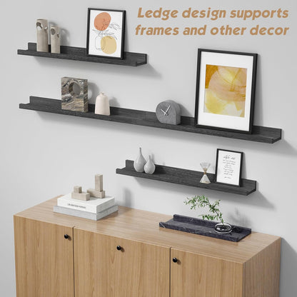 Forbena Black Picture Ledge Shelf, Floating Shelves with Lip for Wall, Small Wall Shelves for Bathroom Bedroom Kitchen Office Living Room Books, Art Pictures, Photo Frame, Plants (4-Pack, Real Wood)