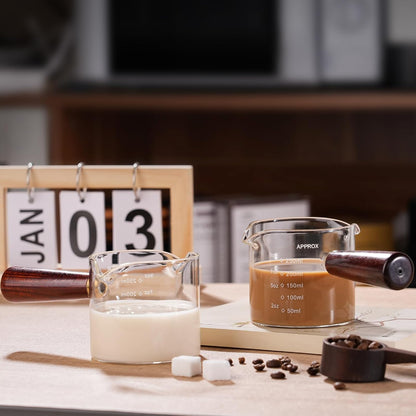 250ML/8.5OZ Measuring Cup Espresso Shot Glasses Double Spouts Large Coffee Cup with Wood Handle Triple Pitcher Milk Cup Parts Clear Glass By BCnmviku (250ml-1pack)