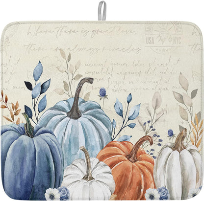 Fall Dish Drying Mat for Kitchen Counter Blue Pumpkin Drying Pad Absorbent Drying Mats for Countertops Sinks Draining Racks Floral Leaves Drainer Holiday Harvest Thanksgiving Decorations 18x24