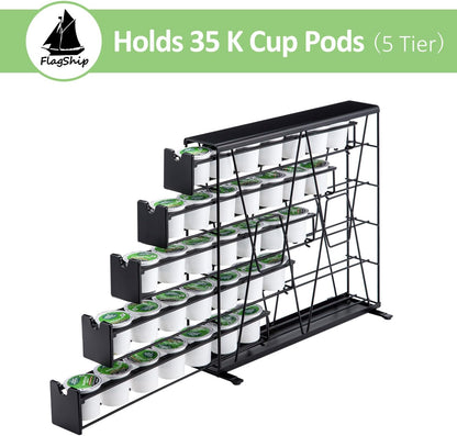 FlagShip 5-Tier Corner Coffee Pod Organizer for K Cup - 35 Capsules Metal Storage, Space-Saving Kitchen Countertop Rack Wall Mountable