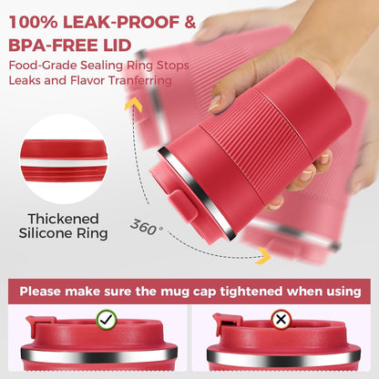 Volhoply 13 oz Stainless Steel Insulated Travel Coffee Mug with Fip Lid Bulk 2 Pack,Reusable Double Wall Vacuum Metal Coffee Cup,Portable Leak Proof Thermal Tumbler for Hot & Cold Drinks(Red,2)