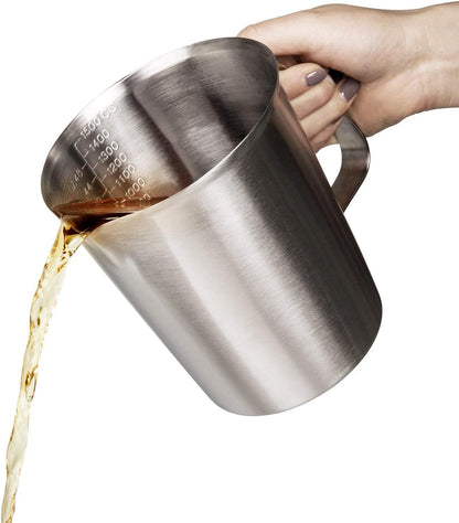 Measuring Cup, Stainless Steel Measuring Cup (48 Ounce, 1.5 Liter-6 Cup), Heavy- Duty Frothing Pitcher, Milk Frothing Pitcher Milk Frother Cup with Marking with Handle for Espresso Machines